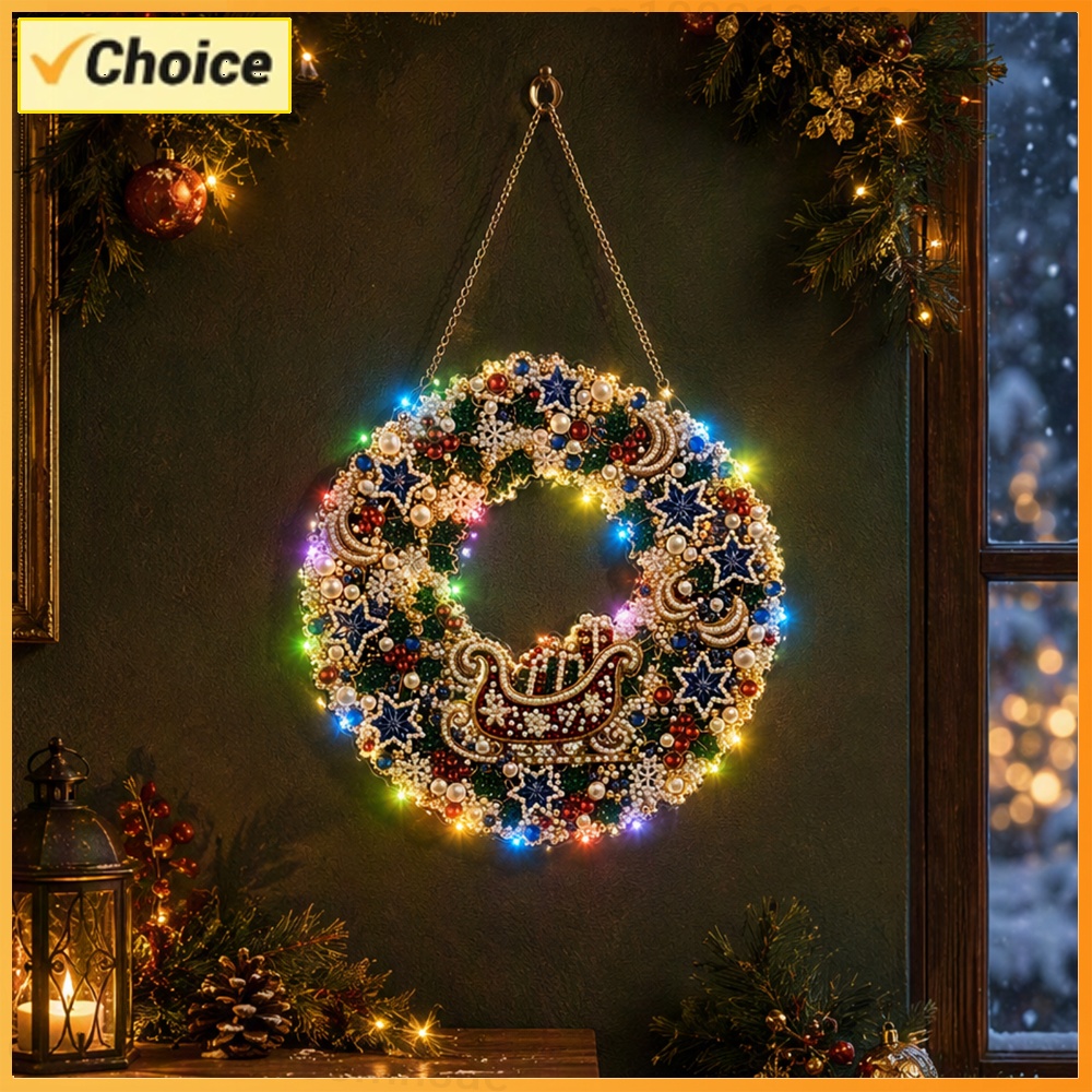 Up Lighting Decor - DIYダイヤモンドドットクリスマスリースキット。LEDライト付き、9.84インチ、両面PET素材、ホリデーシーズン用の吊り下げ装飾。