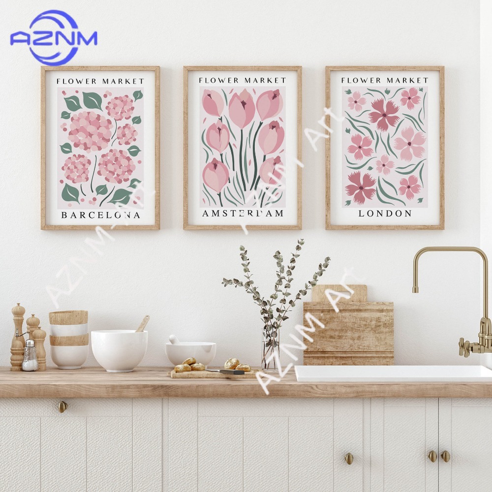 Lighting Decoration Ideas - 1 個/3 個 ピンク、新鮮で軽い、水彩画風、花市場、リビングルーム、寝室、ポスター、キャンバス、装飾画